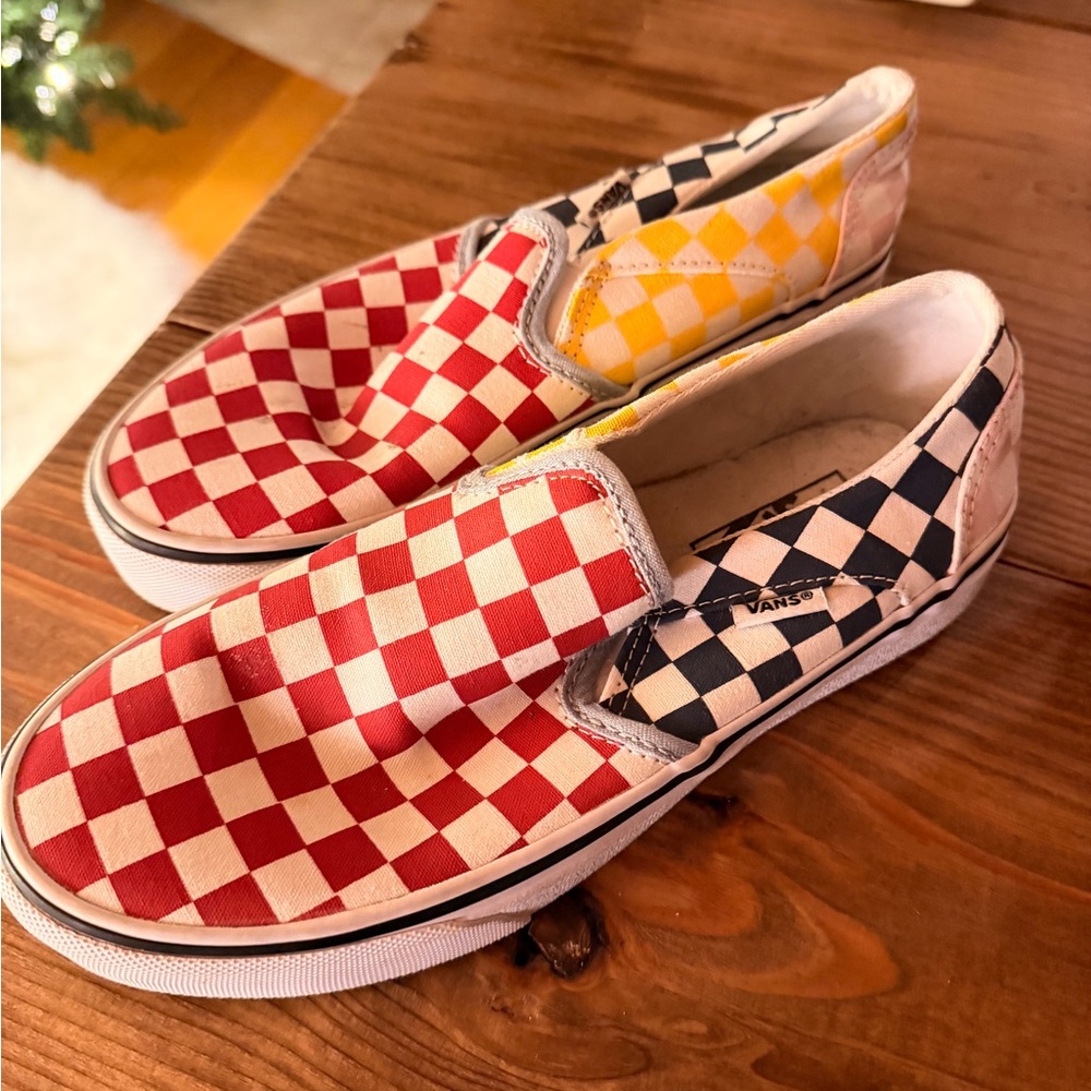 Vans Unisex Checkerboard Slip-On Shoes - Red, Yellow, Black